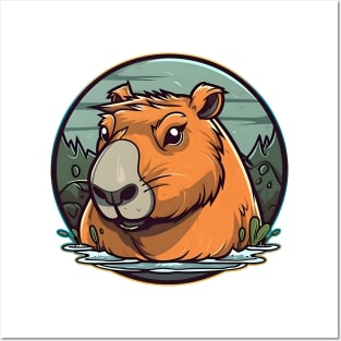 Orange capybara in water Posters and Art